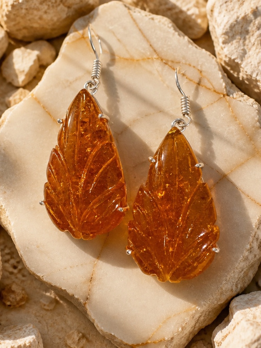 Carved Baltic Amber Leaf Drop Earrings (94)